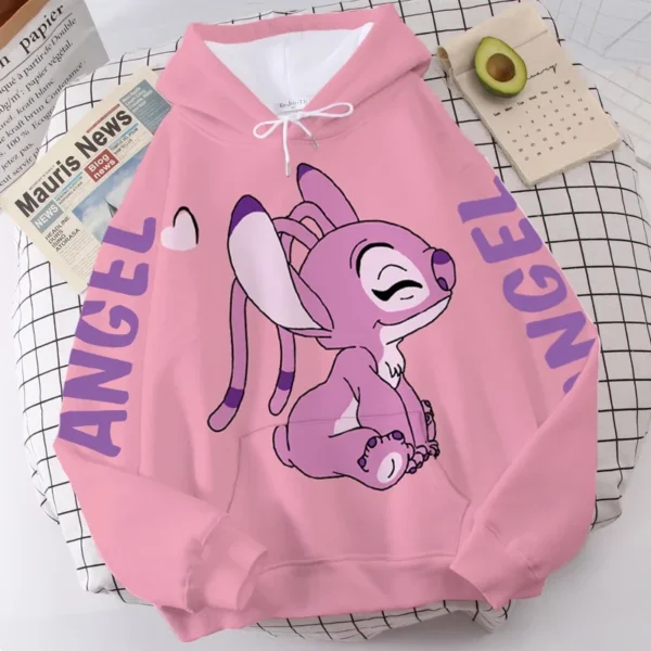 Disney Hoodie Fashion Stitch Angel Monster Letter Cartoon Sweatshirt Pullover Cute Harajuku Unisex Women's Pocket Top 4