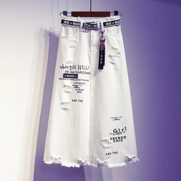 2021 New Women Skirt White Denim Long Skirts Letter Print Korean Style Fashion Hole Oversize Plus Size Female Skirts 1