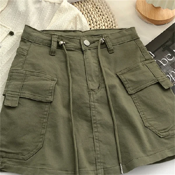 Plus Size Pockets Lace-Up Vintage Denim Skirt Summer Loose Casual Solid Mini Skirts Spring Korean Fashion Faldas Women Clothes 5