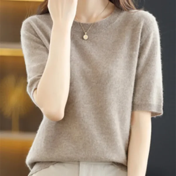 Spring and Summer New Short-sleeved Women O-neck Slim Wool Cotton Blend Pullover Vest T-shirt Knitted Base Sweater 4