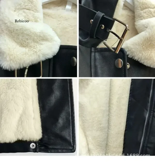 Women Faux Leather Casual Motorcycle Jackets Fashion Outwear Streetwear Zip-up Chic Coat Thick Faux Fur Pu Leather Jacket 4