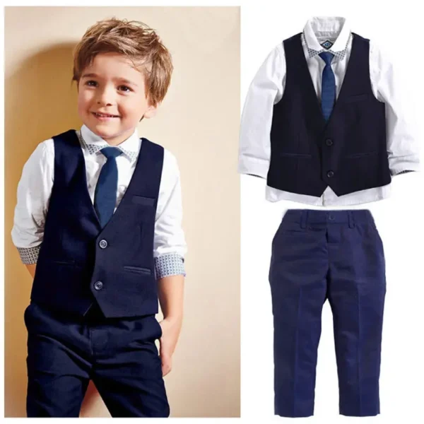 Gentleman Kids Toddler Infant Baby Boys Formal Suit Tops Shirt Waistcoat Tie Pants 4PCS Set Clothes 1