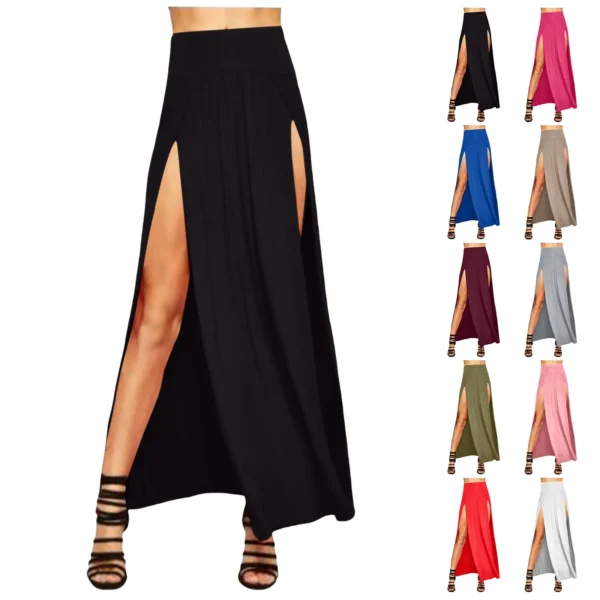 Skirts for Women Womens Double Split Maxi Long Skirt Ladies Plain Basic Two Side Slit 4 22 Short Leather Skirt 1