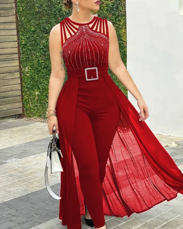 2024 Summer Women's Sexy Round Neck Rhinestone Sheer Mesh Sleeveless Jumpsuit with Belt New Fashion Rompers Womens Jumpsuit 2