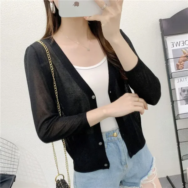 Spring/Summer Ice Linen Knitted Split Sleeve Cardigan Women's Versatile Office Air Conditioning Shirt Fashion Sunscreen Top 2