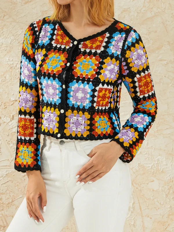 Crochet Cardigan for Women Retro Colorful Square Print Long Sleeve V-Neck Knit Sweater Button Hollow Out Jumper 4