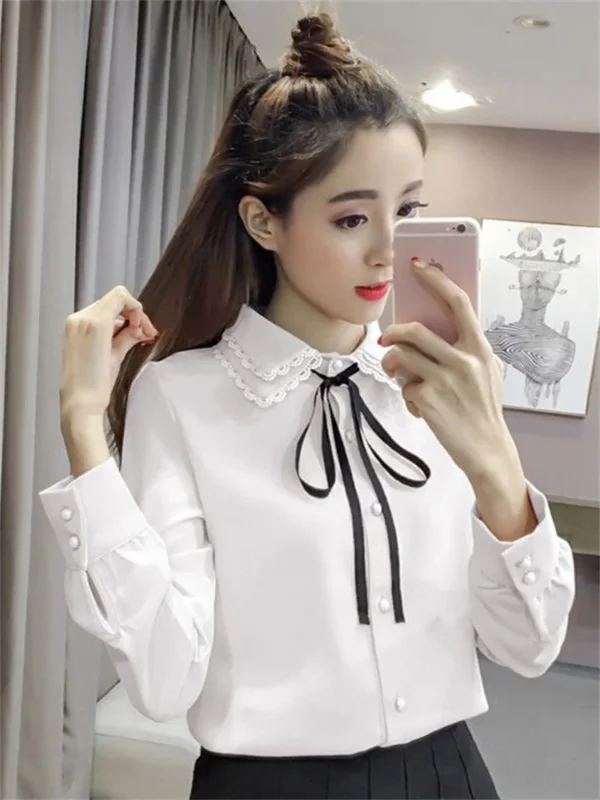 Women Spring Autumn Style Vintage Blouses Shirts Lady Casual Long Sleeve Turn-down Collar Pink White Blusas Tops DF3089 5