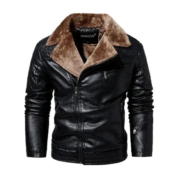 Fashion Warm with Fur Collar Winter Men's Leather Jacket Thicken Fleece Motorcycle Coat Casual Faux Leather Jacket 5