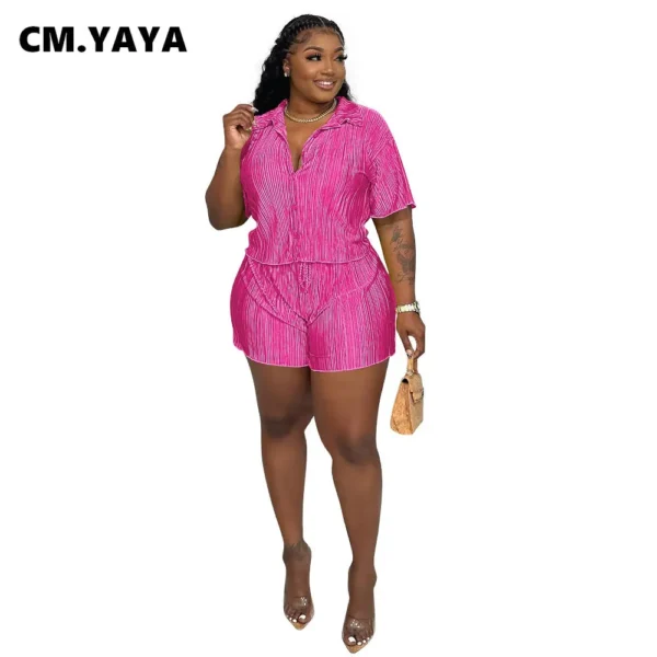 CM.YAYA Street Vintage Pleated Women's Set Short Sleeve Shirt Blouse and Shorts Suit 2023 INS Two 2 Piece Set Outfit Tracksuit 5