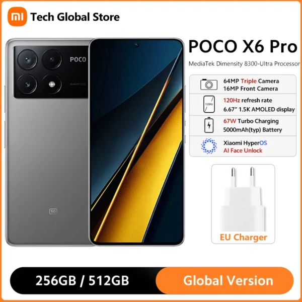 Global Version POCO X6 Pro 5G Smartphone MTK Dimensity 8300-Ultra 6.67" 120Hz AMOLED Display 64MP Triple Camera 67W Turbo Charge 1