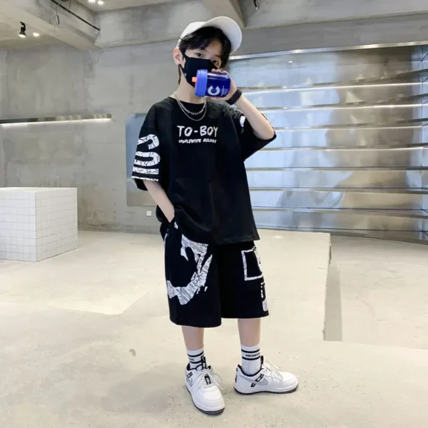 Boys Summer Trendy Casual Sports 2pcs T-shirts+Pants Suits 3-14 Years Teenage Boys Hip Hop Style Fashion Outfits Clothes Sets 4