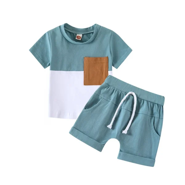 Kids Outfit Eco-Friendly Boy Summer Short Sleeve T Shirt and Shorts Clothes Set Children Fashion Green Coffee Color Block Design 4