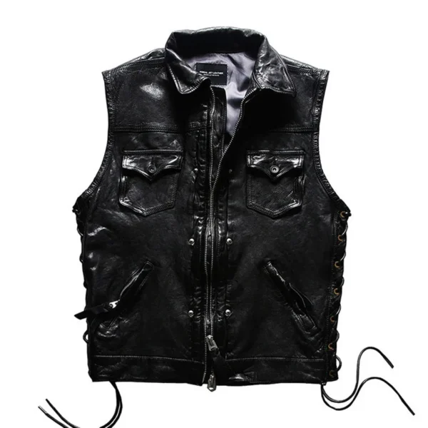 2024 Men Fashion Style New Motorcycle Punk Leather Coats Men's Sleeveless Jackets Locomotive Vest  Adjustable Black Vests 1