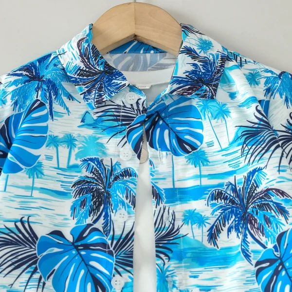 Boys Summer Casual Palm Leaf Print Beach Vacation Gentleman Style Square Collar Short Sleeve Cardigan Shirt Set 5