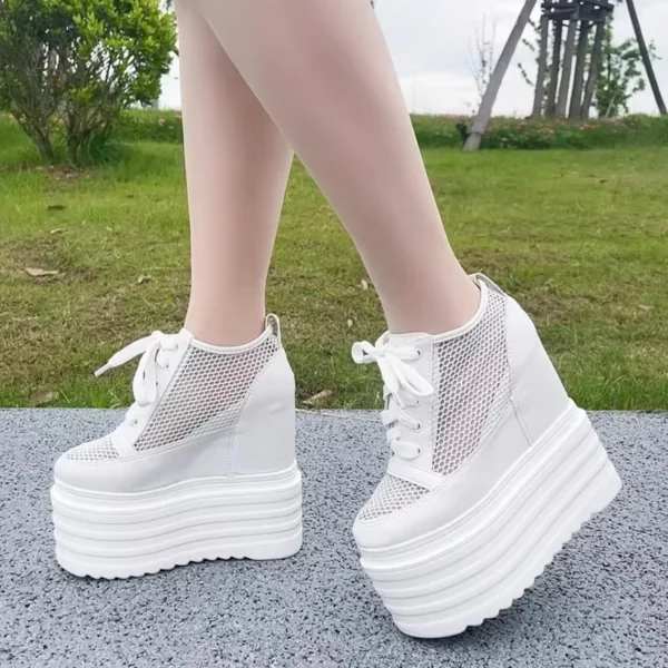 15CM Women Summer Shoes Chunky Sneakers Air Mesh Hollow Out Genuine Leather White Wedge Shoes Platform Heel Pumps Mujer Bombas 1