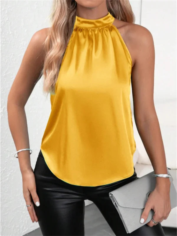 Women Summer Style Blouses Shirts Lady Casual Sleeveless Halter Collar Solid Color Blouse Tops DF5067 6