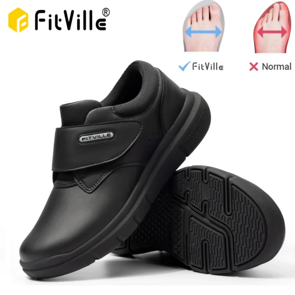 FitVille Men's Diabetic Shoes Leather Extra Wide Walking Casual Shoes for Orthopedic Toes Swollen Feet Non-Slip Lightweight 1