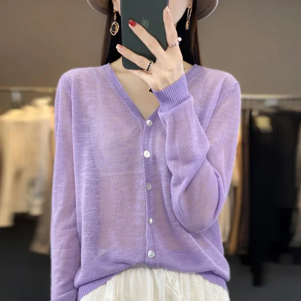 Summer Sunscreen Ice Silk Cardigan Women's V-Neck Long Sleeve Loose Knitted Top Solid Transparent Cardigan Air Conditioned Shirt 4