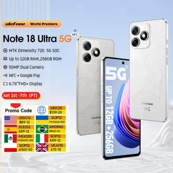 【World Premiere】Ulefone Note 18 Ultra 5G Smartphone 12GB RAM(6+6) 256GB ROM 6.78" NFC 50MP MTK Dimensity 720 Android Phone 1