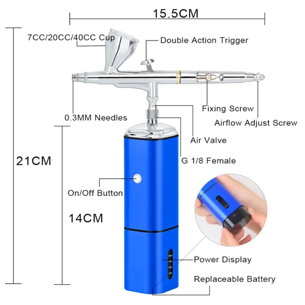 Free Shipping Rechargeable Cordless Airbrush Compressor Spray Paint Type C USB 1.2M Hose 0.3mm Needles Pneumatic Tool 2