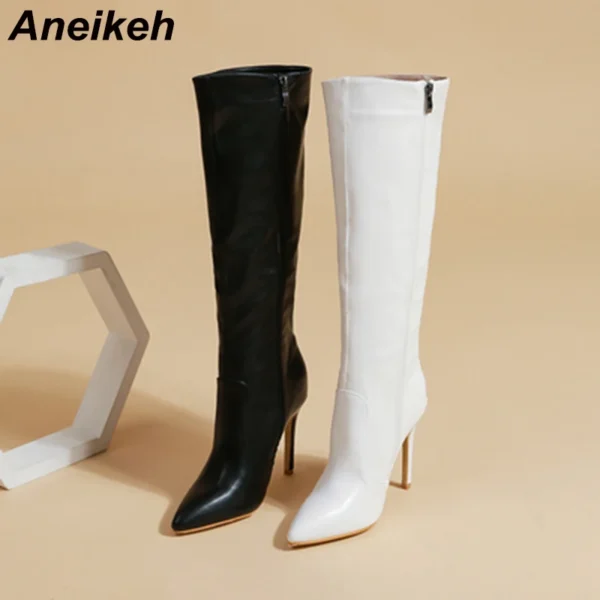 Aneikeh Women's Fashion Elegant Pointed Thin Heel Knee High Long Boots2024 Spring/Autumn PU Panel Side Zipper Boots Western35-42 1