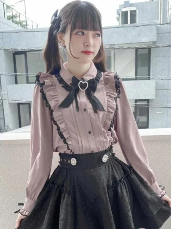 Japanese Kawaii Lace Ruffle Shirt Women Y2k Pink Bow Blouse Harajuku Cute Ladies Tops 2024 New Fashion Lolita Blusas Femme 3