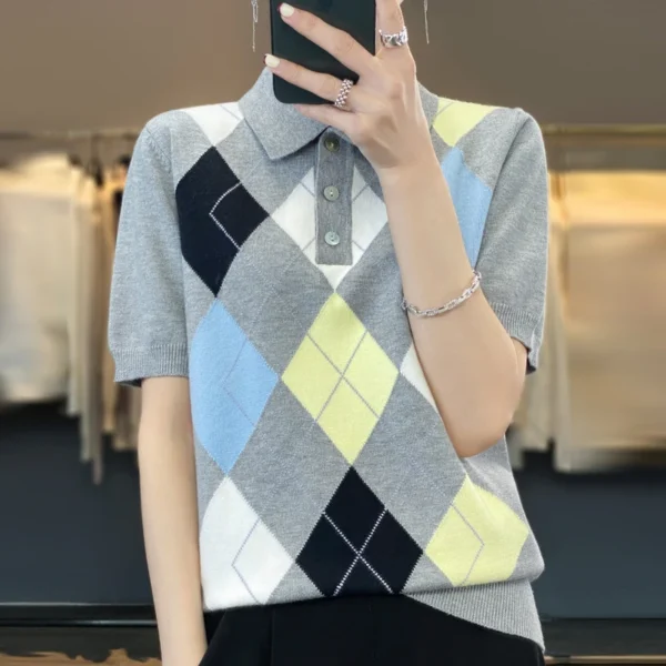 Spring Wool Contrast Rhombic Knitted Short-Sleeved Vest Color Matching POLO Collar Joker Loose Lazy Coat Half Sleeve Woman 1