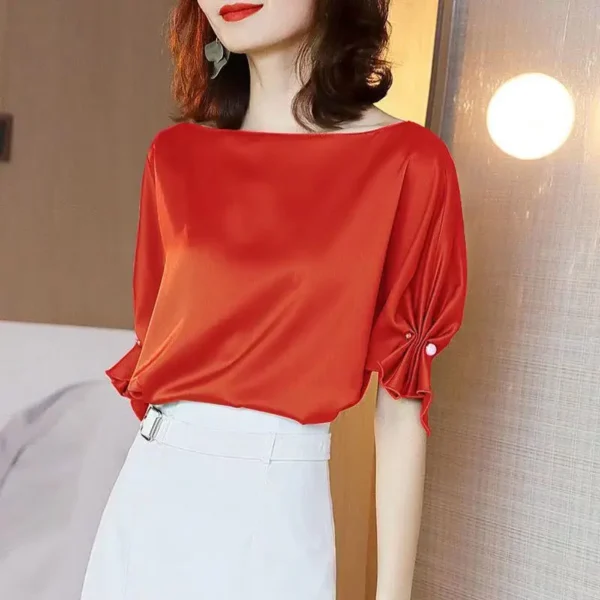 Spring and Summer 2023 New Light Luxury Drape Shirt Mercerized Satin Acetate Fabric Top Short Sleeve Loose and Thin 2