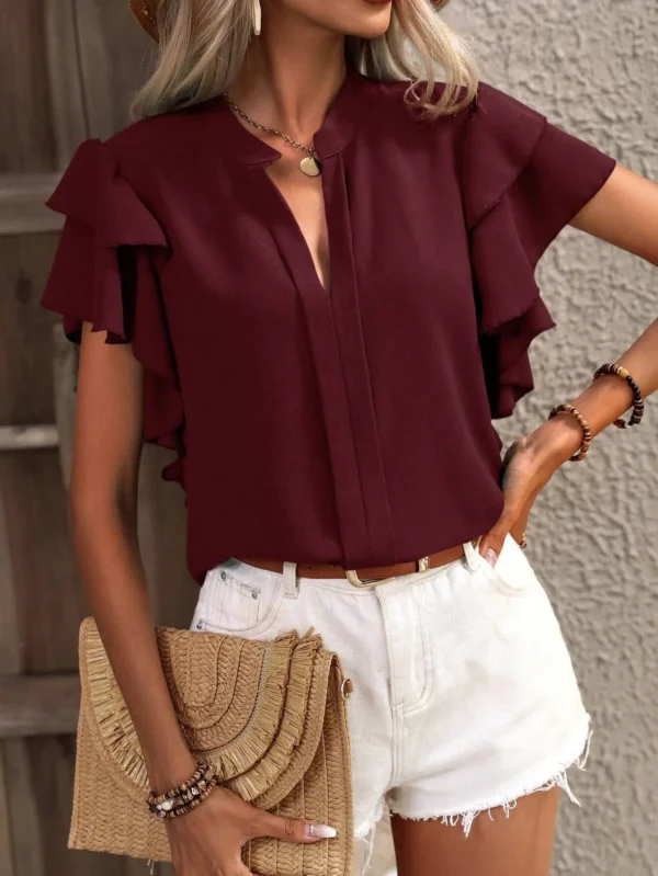 2024 Women's Summer New V-neck Casual Double Layer Ruffle Sleeve Solid Color Shirt Chiffon Office Lady Y2k   AXR289 3