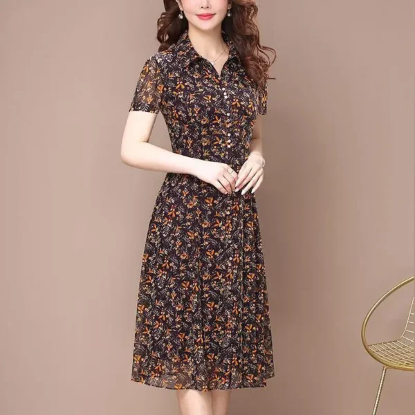 Long Sleeve Dress Women Floral Print Elegant Turndown Collar Summer Female Clothing Slim All-match Casual Button Midi Dress Robe 3