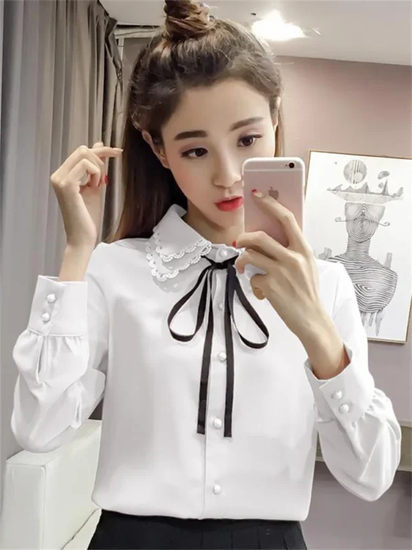 Women Spring Autumn Style Vintage Blouses Shirts Lady Casual Long Sleeve Turn-down Collar Pink White Blusas Tops DF3089 4