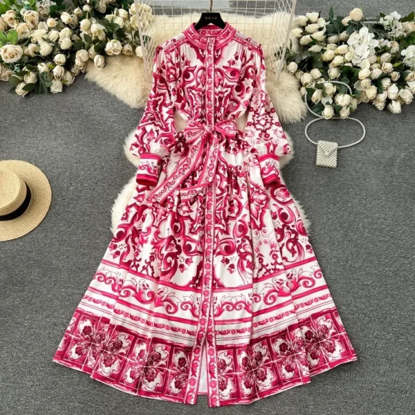 JAMERARY Runway Red Blue White Porcelain Print Holiday Maxi Dress Women's Stand Single Breasted Loose Lace Up Belt Long Vestido 1