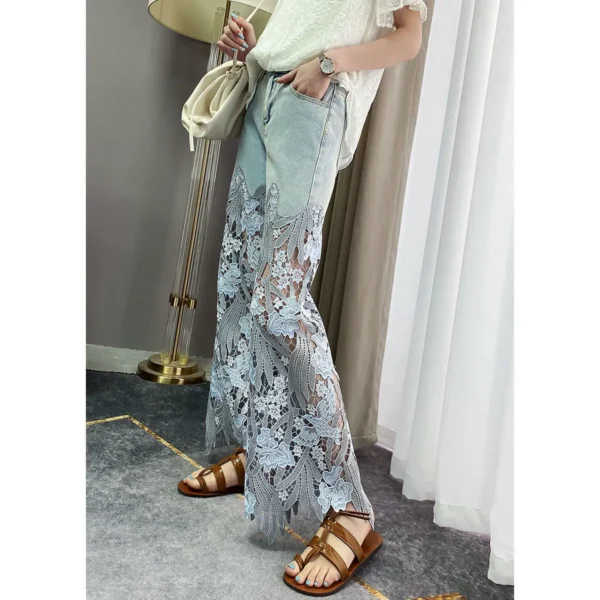 2023 Summer New Vintage Flower Hollowed-out Jeans Cool Pants Women's Pants Loose Street Casual Trousers 2