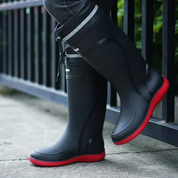 Men's Rain Boots Long Tube Water Shoes Non-slip Waterproof Safety Work Shoes Black Red Platform Cotton high-top outer wear 1