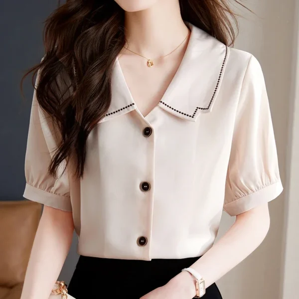 Summer Women's Short Sleeve Doll Neck French Bubble Sleeve Solid Color Simple Commuter Chiffon Shirt Women Tops Blouse A735 1