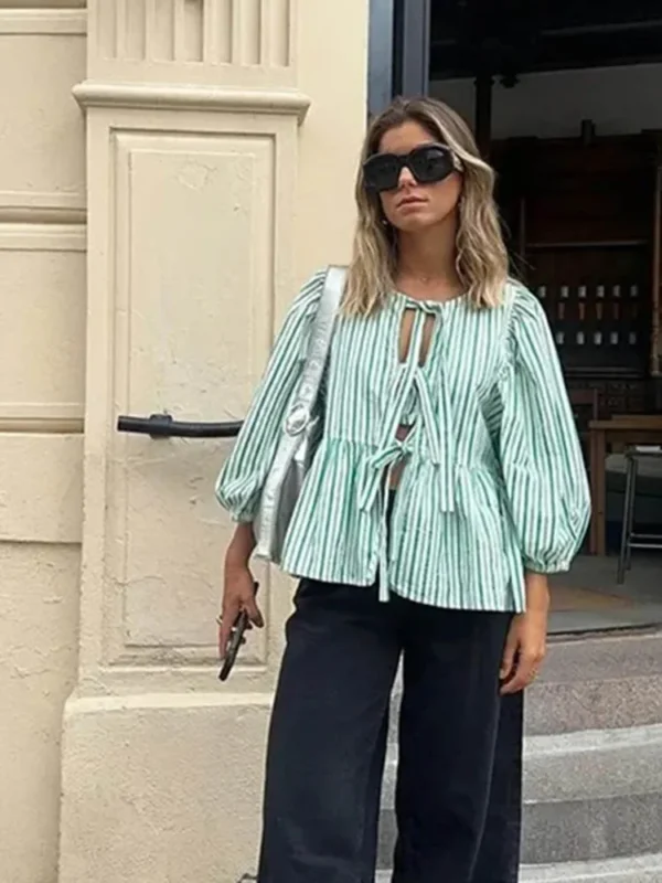 Striped Shirt Women Tops Bow Tied Pleats Lace Up Button Blouses Puff Sleeve Hollow Out O-neck Blouses Summer Sweet Plaid Tops 3