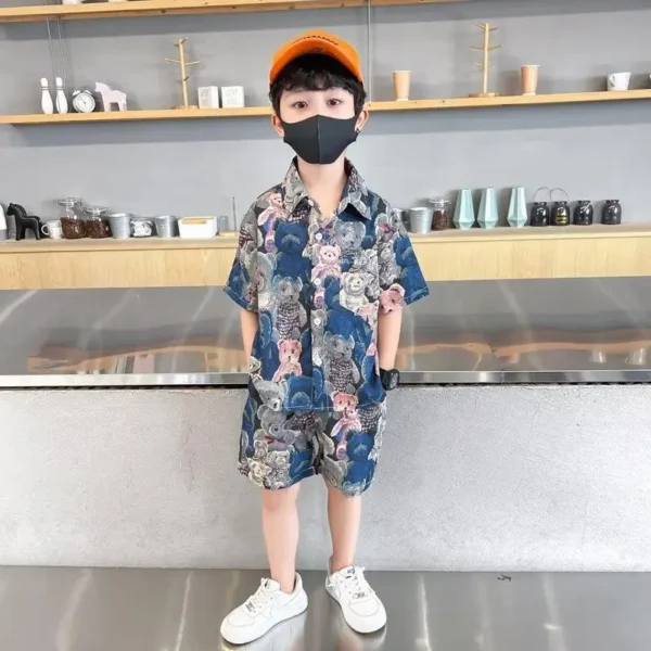 Summer Teenage Boy Clothes Set Cartoon Bear Short Sleeve Lapel Shirts and Shorts Suit Children's Boys Top and Bottom Streetwear 1