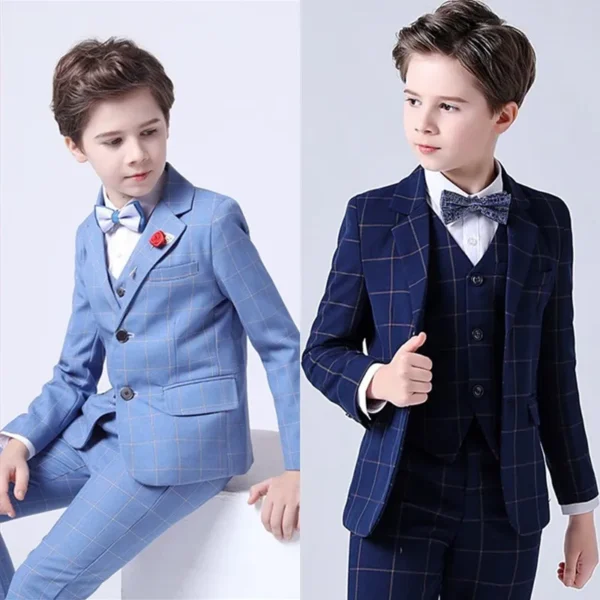 Spring Big Boys Top Quality Plaid Wedding Suit Teenager Kid Formal Tuxedo Bowtie Dress Children Blazer Party Performance Costume 1