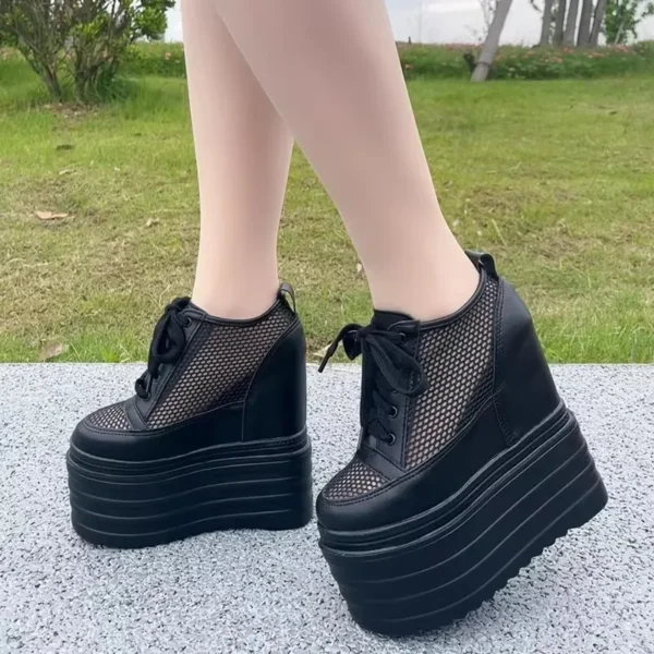 15CM Women Summer Shoes Chunky Sneakers Air Mesh Hollow Out Genuine Leather White Wedge Shoes Platform Heel Pumps Mujer Bombas 4