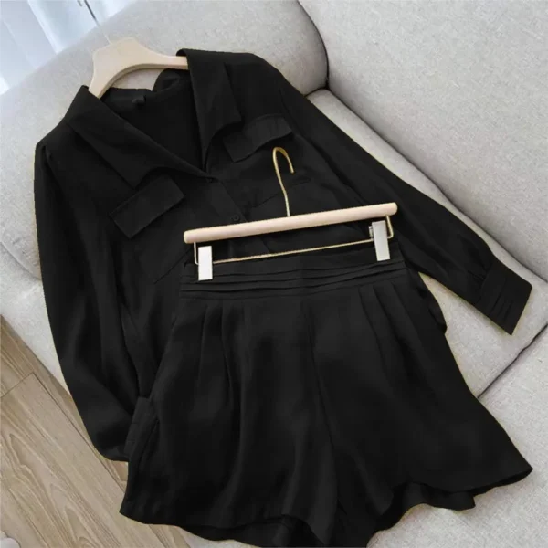 Spring Shirt Two Piece Set For Women Summer Shorts 2 Piece Sets Suits Solid Color Long Sleeve Shirt Short Casual Outfits Female 2