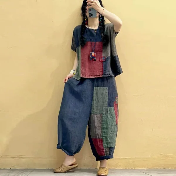 Cotton Linen Pants Sets Patchwork Vintage Shirt and Casual Harem Pants Oversized Korean Fashion Two Piece Sets Women Outfits 1