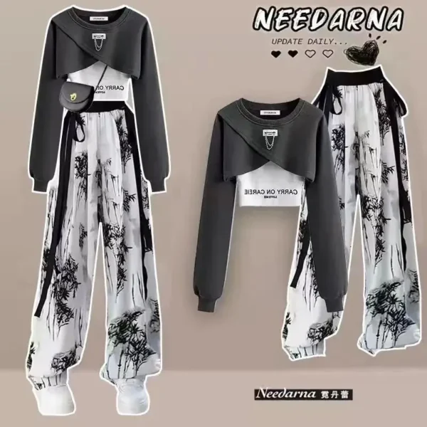 Spring and Autumn Set Women's Korean Design Long Sleeved Top+Tank Top+Ink Wide Legged Pants Three Piece Set Trendy 3