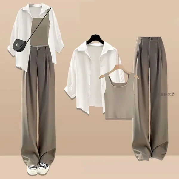 2024 Summer New Korean Casual Sunscreen Shirt+Vest+Suit Wide Leg Pants Three Piece Women's Fashion Blouse Trousers Matching Set 2