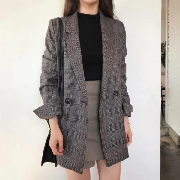 Women Winter Plaid Blazers Coats Korean Fashion Elegant Solid Thick Jacket Female Double Breasted Office Lady Long Overcoat 3