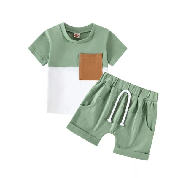 Kids Outfit Eco-Friendly Boy Summer Short Sleeve T Shirt and Shorts Clothes Set Children Fashion Green Coffee Color Block Design 5