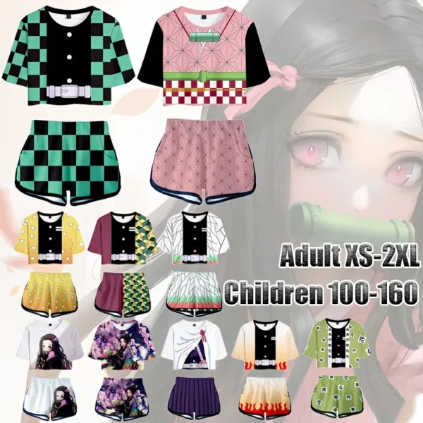 Children/Women Suit 3D Printing Demon Slayer Cosplay Summer Women's Sexy Crop Top T-shirt Shorts 2 Pieces Sets 1