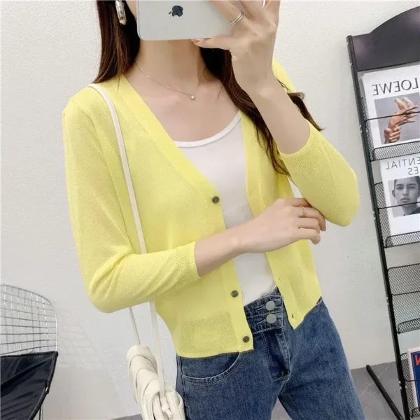 Spring/Summer Ice Linen Knitted Split Sleeve Cardigan Women's Versatile Office Air Conditioning Shirt Fashion Sunscreen Top 4