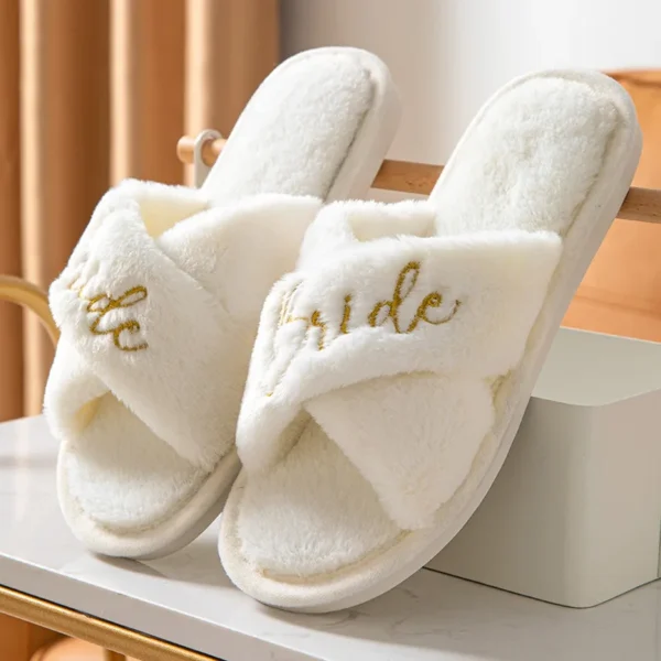 Embroidered Fur Slippers Wedding Bride Furry Fluffy Slippers for Women 5