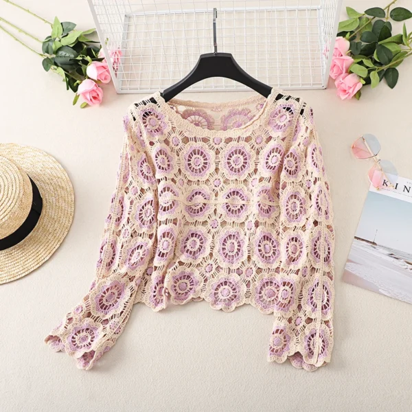 Crochet Cardigan for Women Retro Colorful Square Print Long Sleeve V-Neck Knit Sweater Button Hollow Out Jumper 1