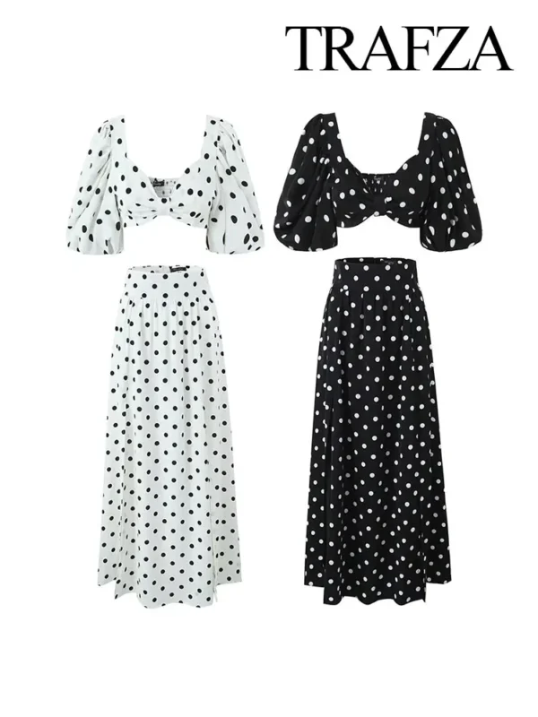 TRAFZA 2024 Female Spring Polka Dots Printed Suit Cropped Short Sleeves Square Neck Top Slit High Waist Chic Skirt Vintage Suit 3